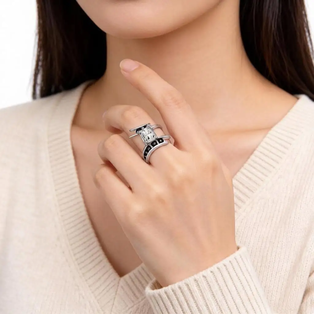 Punk 925 Sterling Silver Geometric Crystal Zircon Open Resizable Rings for Women Girls Anniversary Party Fashion Jewelry Gifts