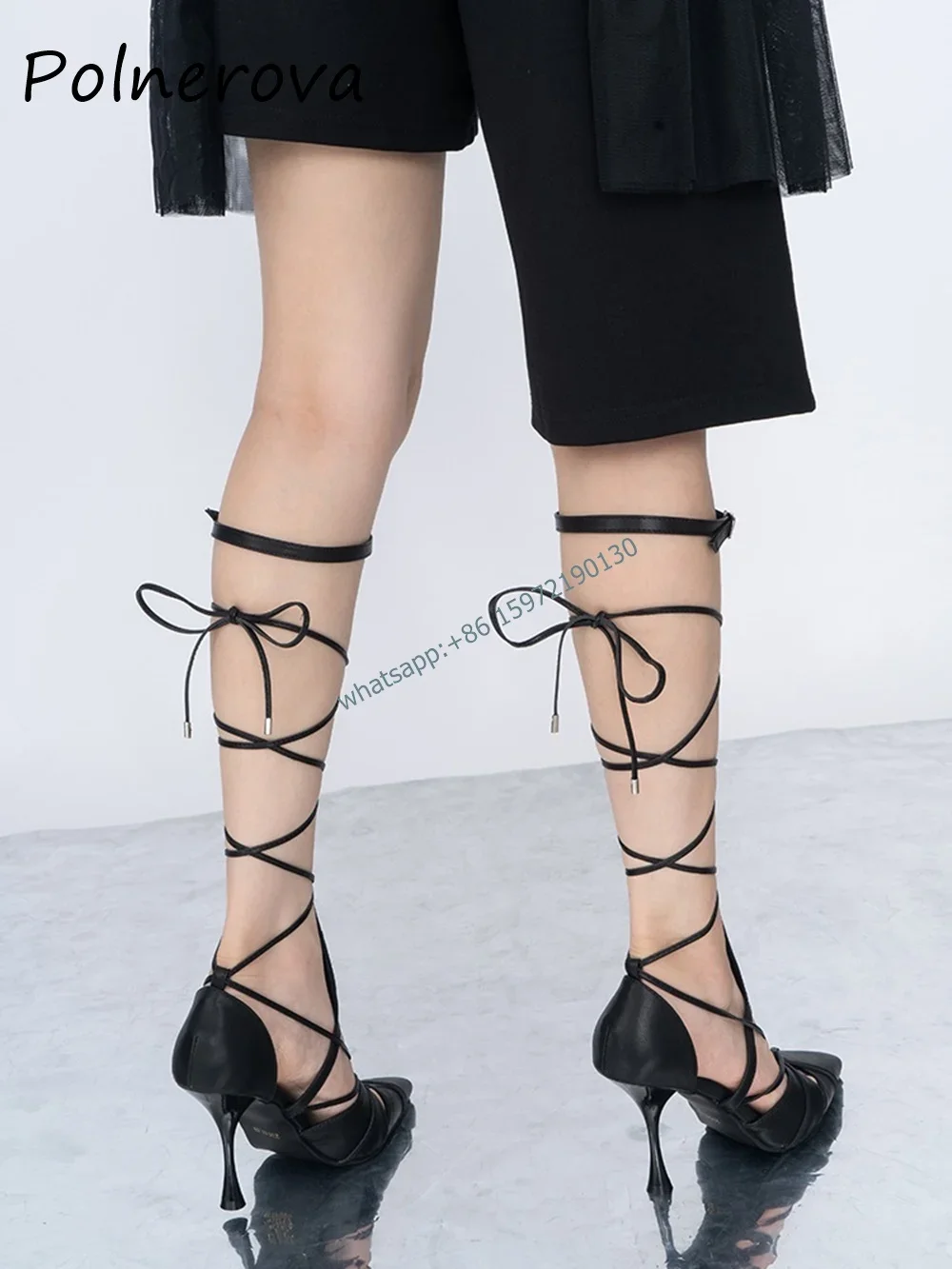 Calf Strap Knot Sandals Boots Black Narrow Band Buckle Strap Thin Heels Sandals Sexy Solid Black Roma Runway Hotties Shoes