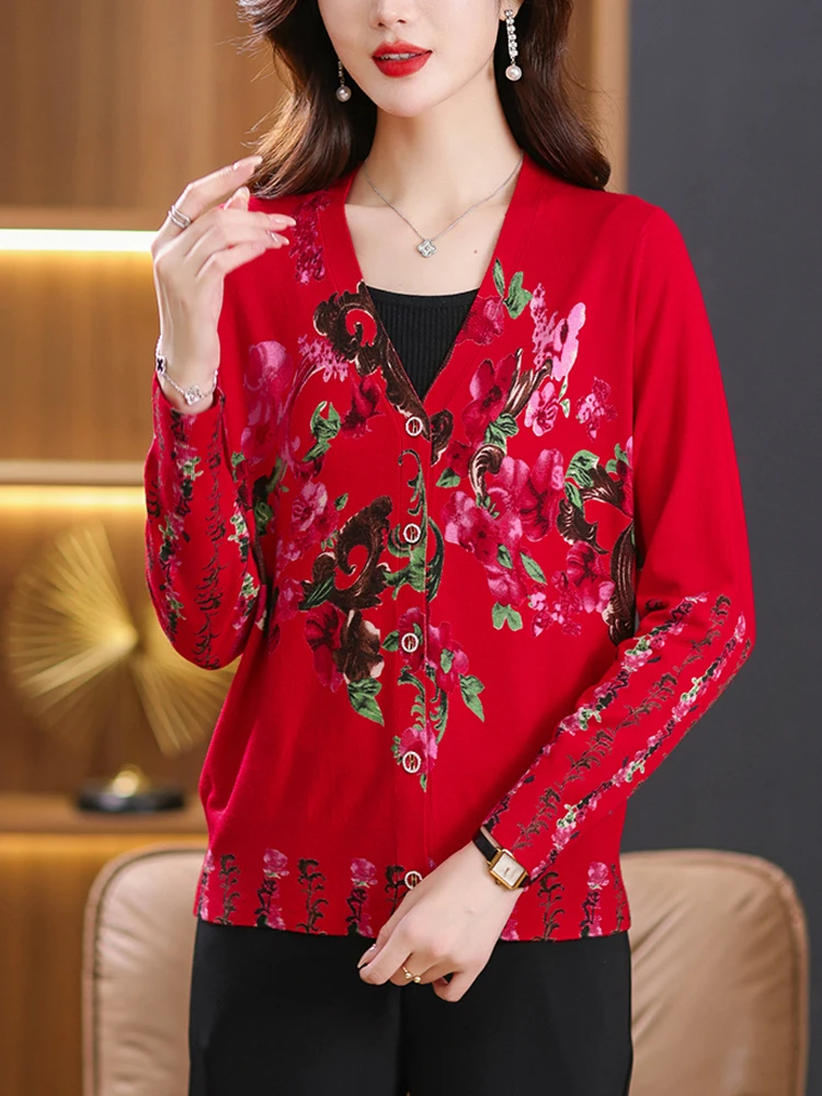 Sweter motif bunga model Korea musim gugur wanita, kardigan pakaian kualitas tinggi, kardigan kancing sebaris, Sweater motif bunga untuk wanita