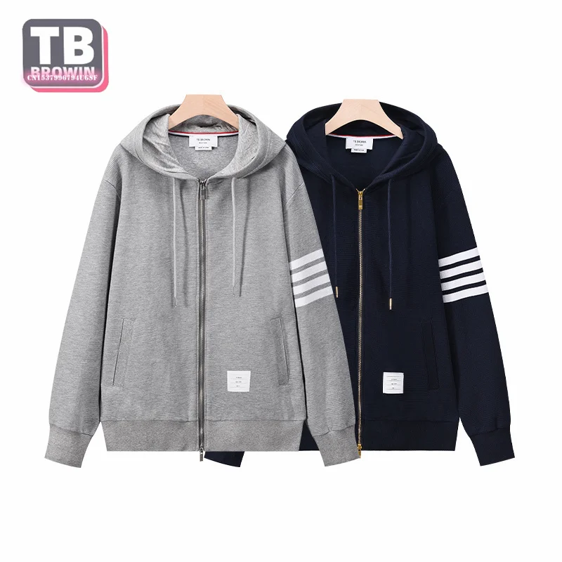 TB Flagship-Store brand men\'s trend sports casual four bars striped cotton zipper Long Sleeve hoodie cardigan tide coat