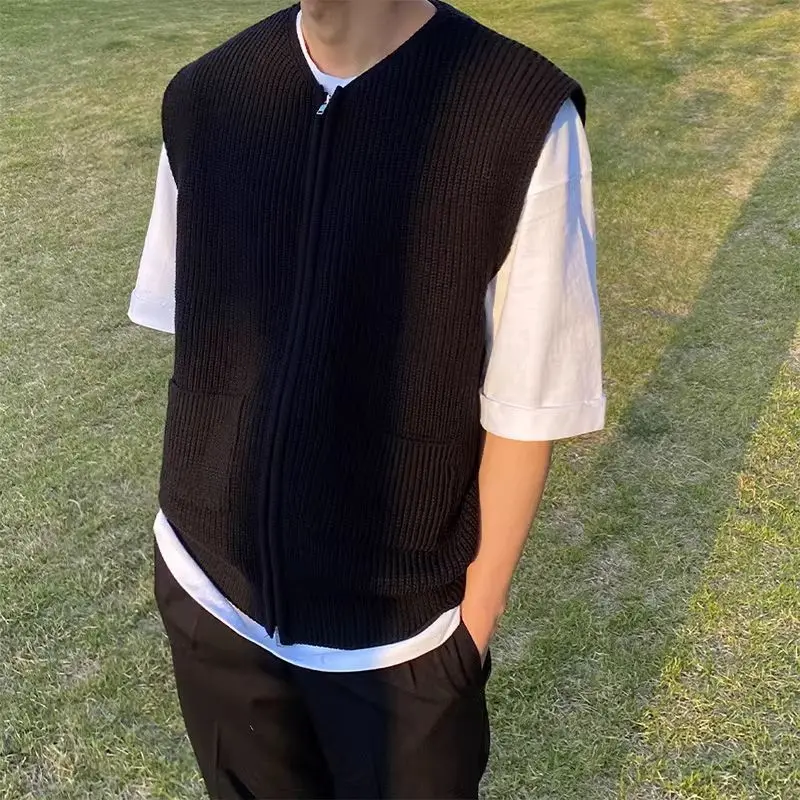 Loose Sweater Vest Men's Autumn New Fashion College Style Vest Zipper Knitted Cardigan Jacket