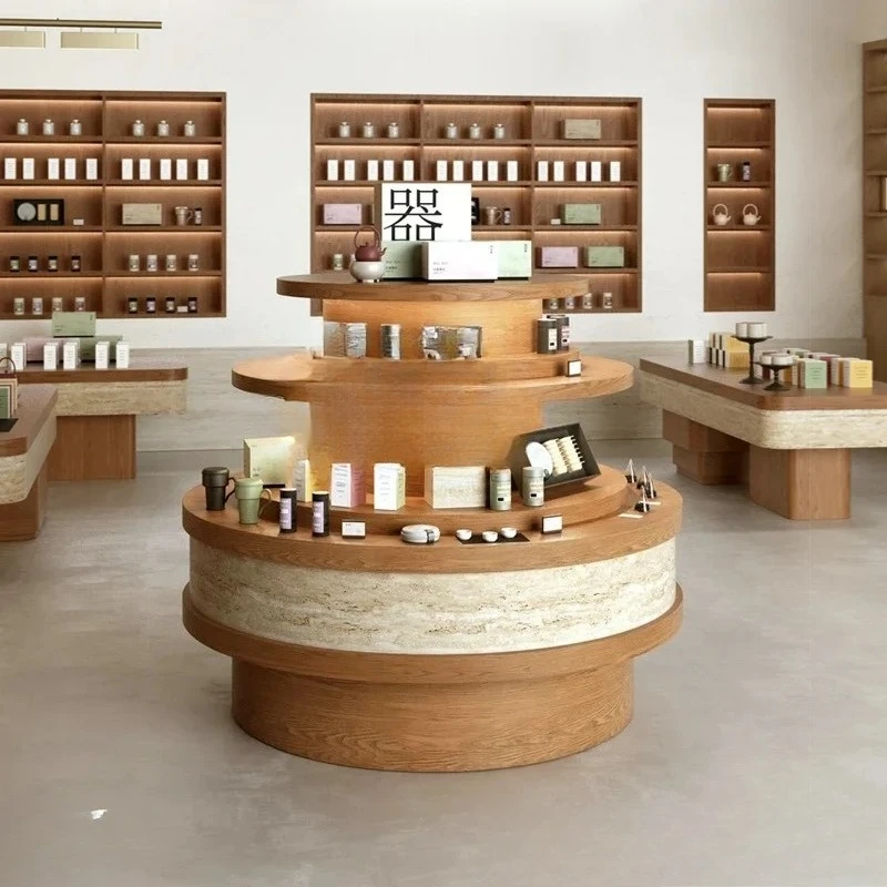 Y Round multi-layer mid-island platform with light tea shop display stand tea bird's nest supplement display cabinet