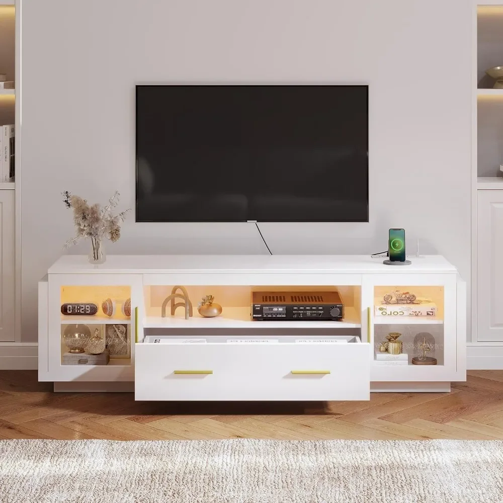 70 "Led Tv-Standaard Met Stopcontacten, Moderne Entertainmentcentrum Media Console Met Opbergladen En Kasten, Ideale Tv-Stands