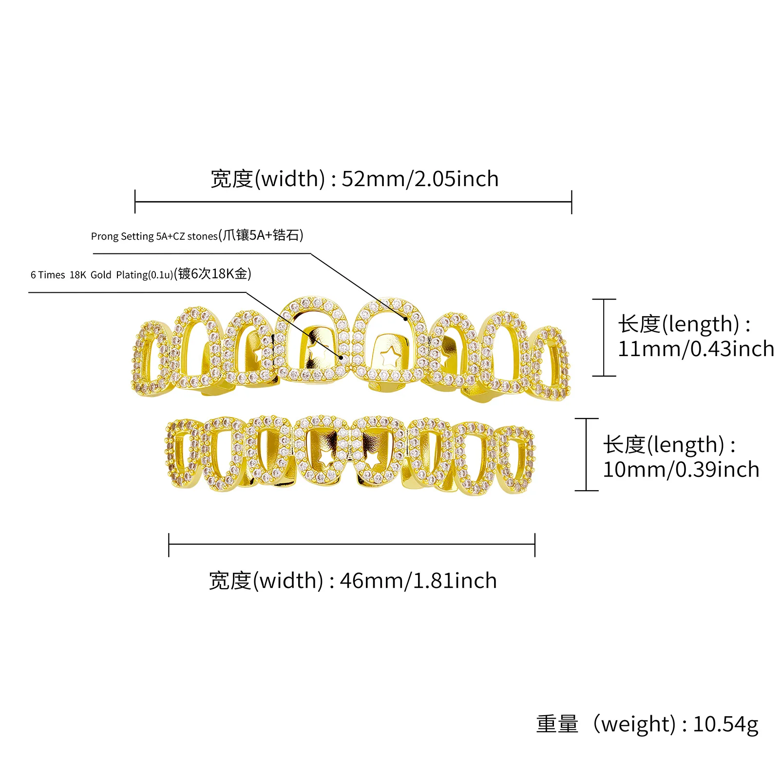TOPGRILLZ Hollow Window Grillz Set 8 Oben 8 Unten Vergoldetes Kupfer mit CZ-Besetzter Kante Hip-Hop Dekorativer Zahnschmuck für Männer und Frauen – Detail 13