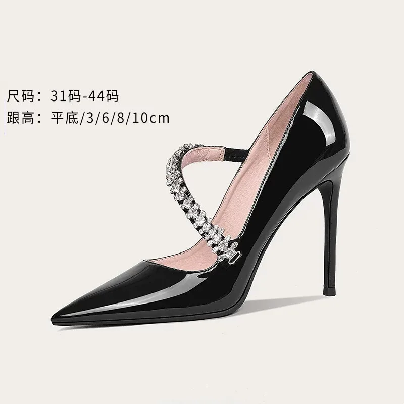 Spring and summer new pointy patent leather rhinestone flat single shoes thin high heels banquet dress large small women's shoes