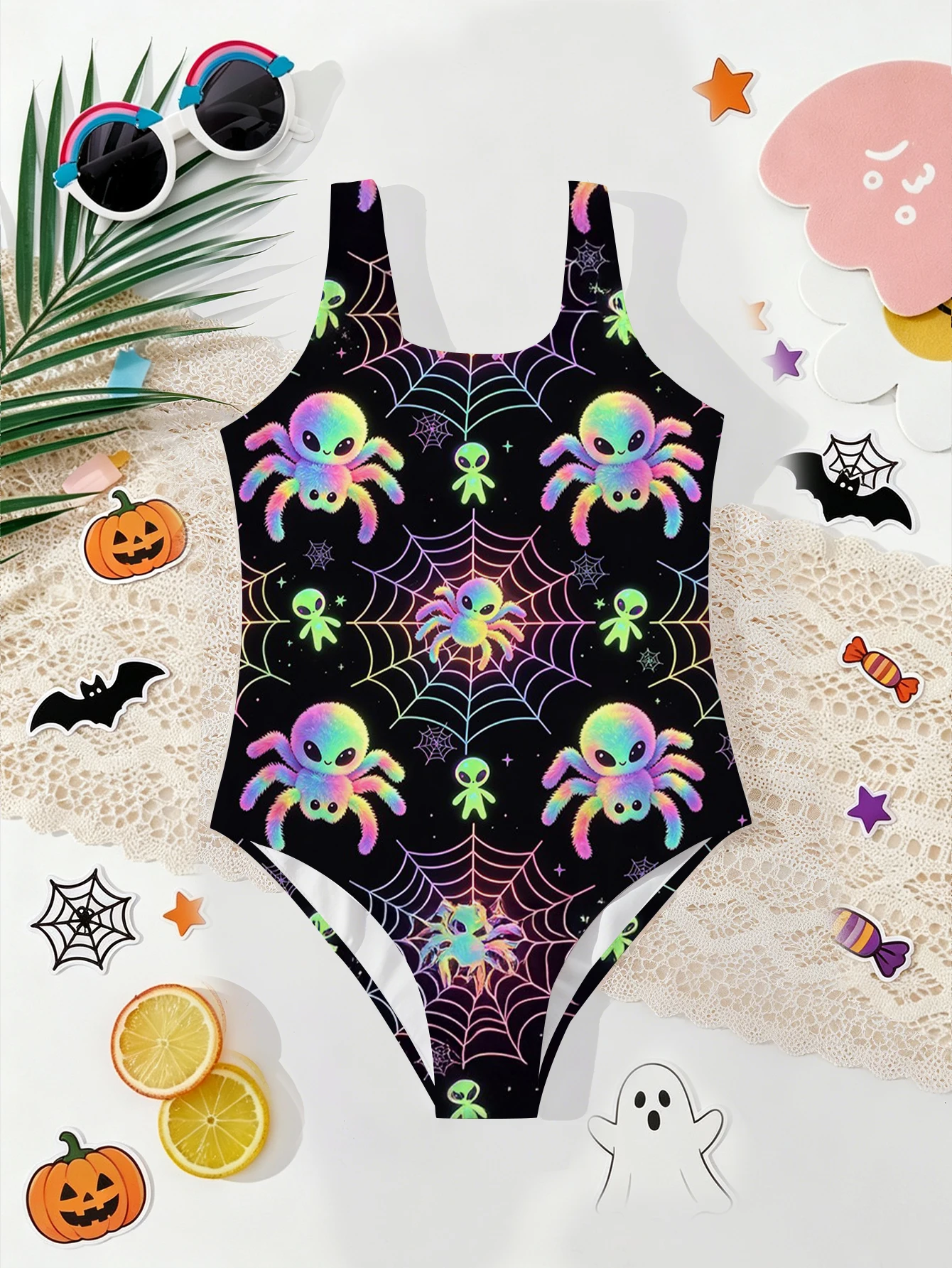 Girls' Summer Halloween Atmospheric Spider Fashion Tight One-piece Swimsuit