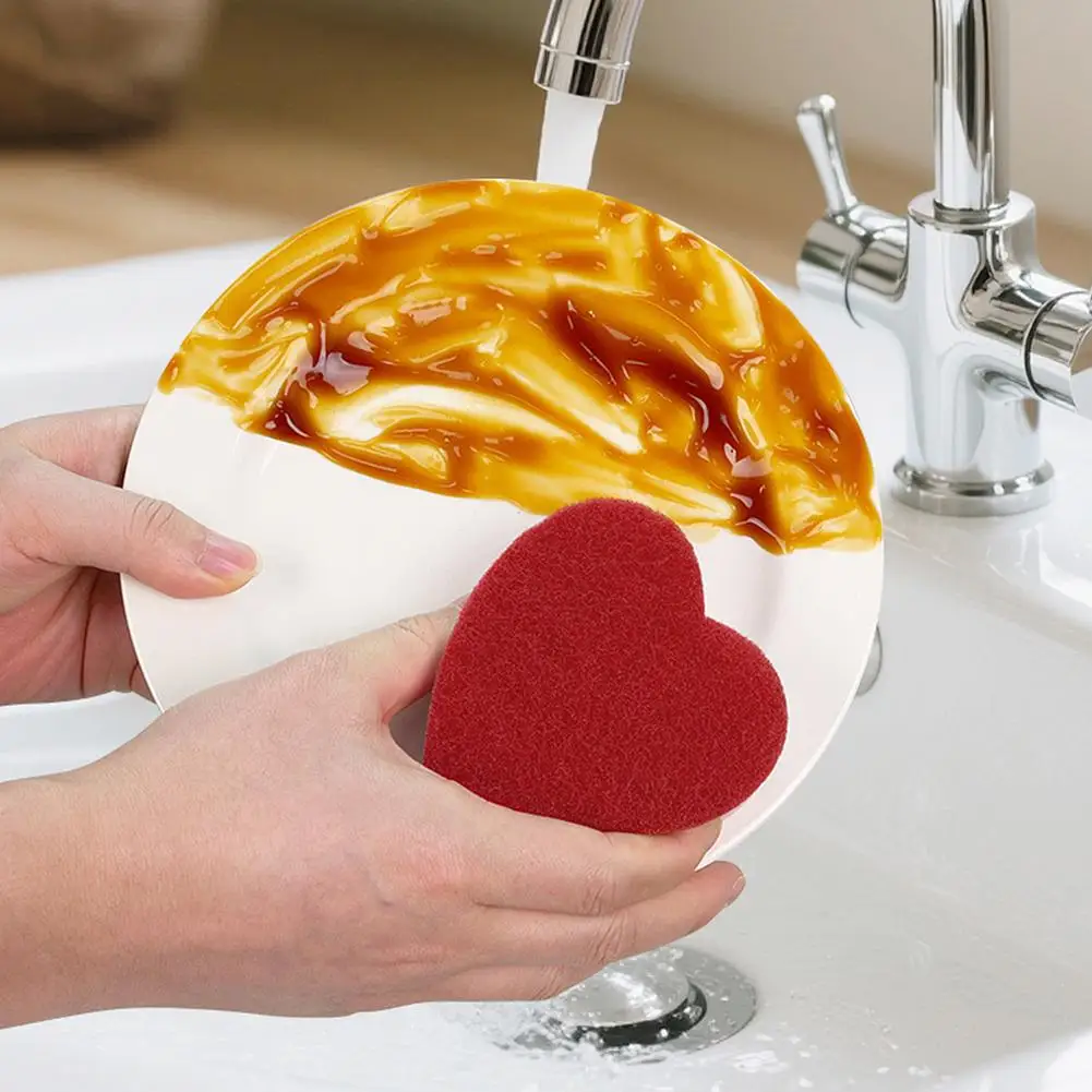 Pink Heart Shaped Sponge Eraser Double Layer Dish Washing Sponge Block Kitchen Household Double Sided Cleaning Scrubber