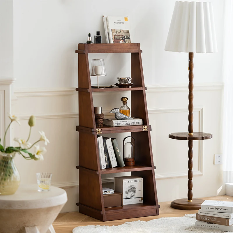 Retro solid wood bookshelf small apartment living room storage rack foldable multi-layer shelf small cabinet