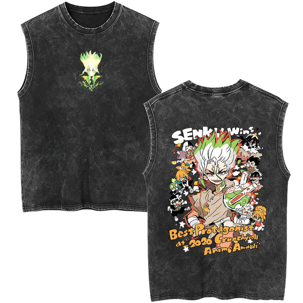Anime Dr. Stone Washed Vintage Tank Tops Manga Senku Ishigami Sleeveless Vest T-shirts Men's Women's Casual Oversized Streetwear