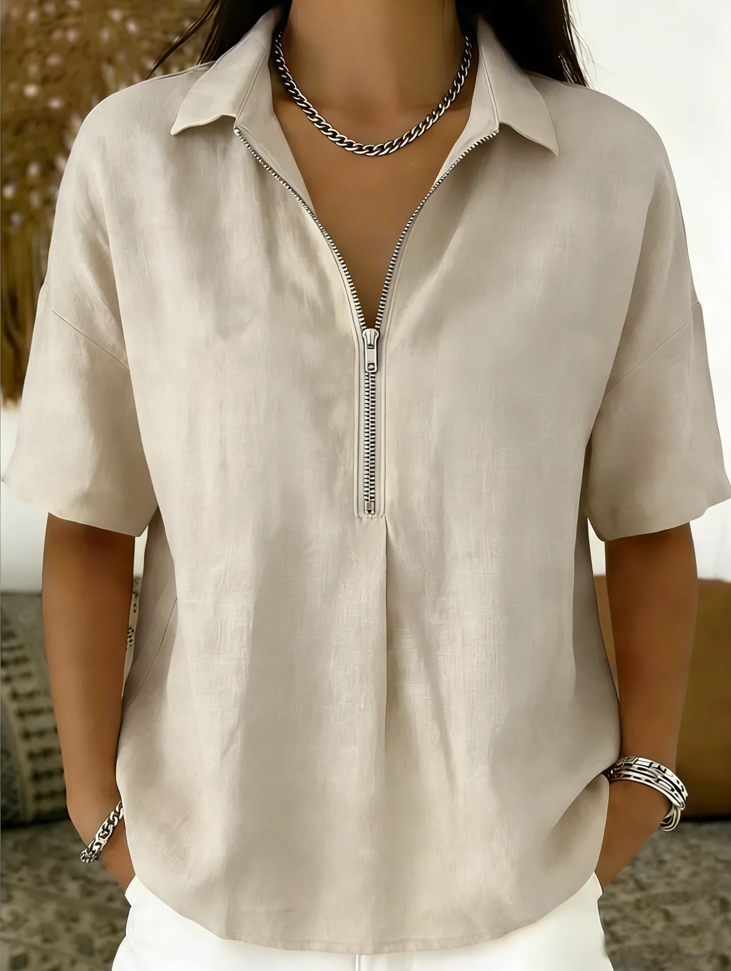 Elegant Turn-Down Collar Zipper Office Blouses Spring Comfy Loose Solid Tops T Shirt Summer Short Sleeve Casual Shirt Harajuku view 5