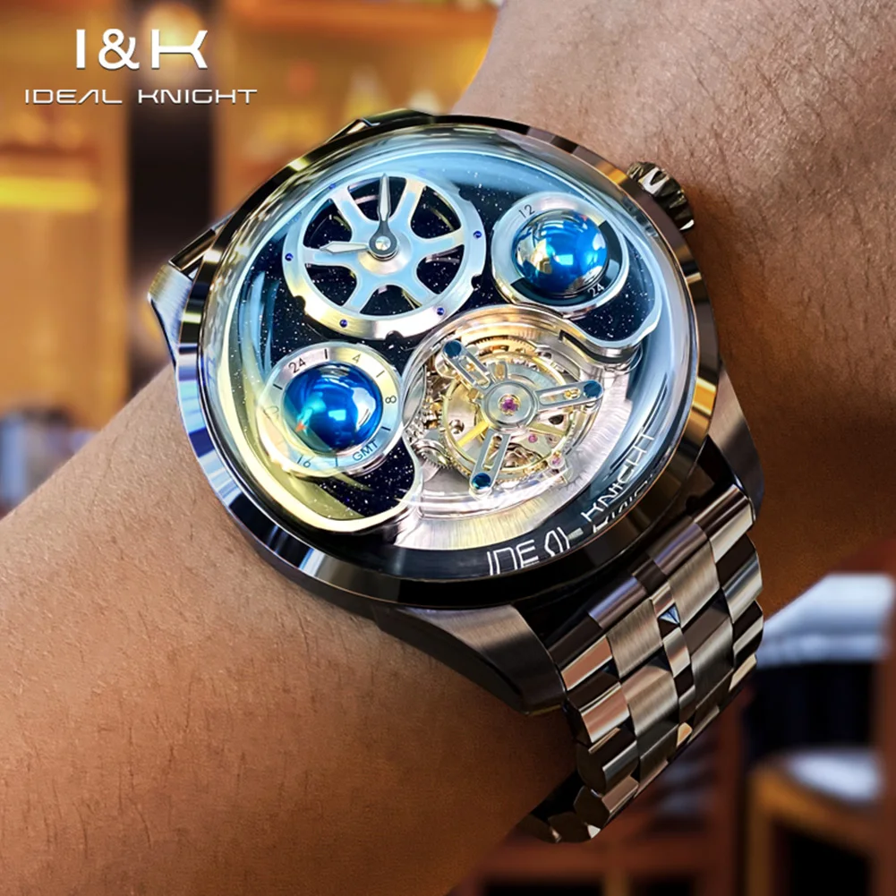 IDEAL KNIGHT 6808 Real Tourbillon Watches for Men High-end Luxury Skeleton Automatic Mechanical Man Wristwatch Blue Earth Series