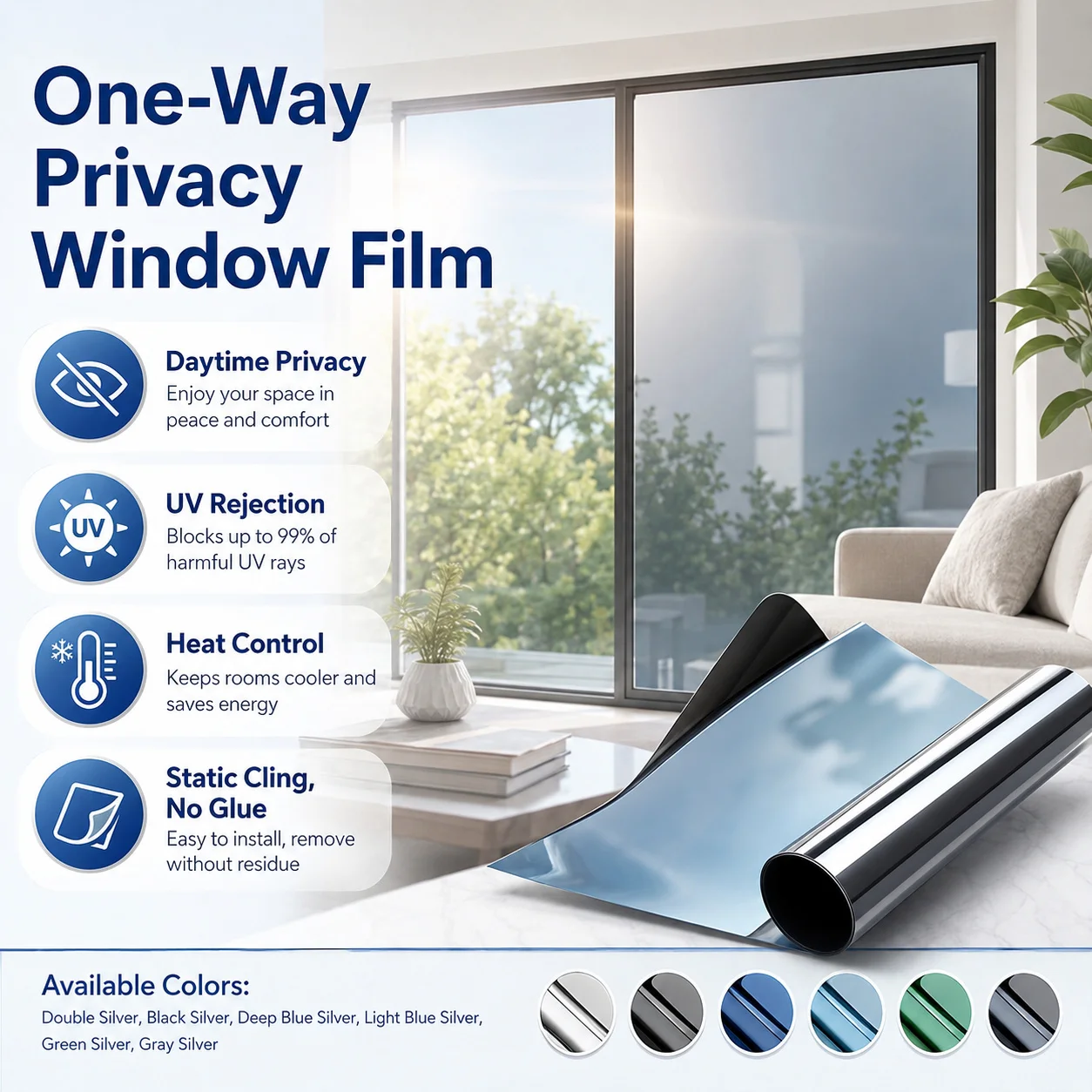 Window Privacy Film One-Way Mirror Tint Removable Reflective Heat Blocking Anti Glass Door Covering for Home Office Black Silver