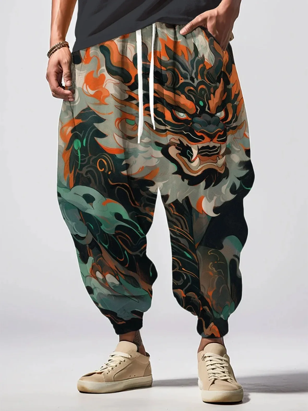 

Fashion Men's Long Trousers Holiday Abstract Dragon Pattern Print Loose Drawstring Waist Sweatpants Oversized Autumn Bottoms