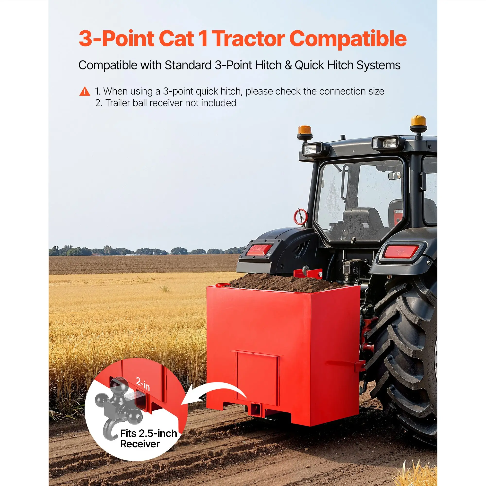 Ballast Box, 3-Point Category 1 Tractor Ballast of 800 lbs Capacity, with Standard 2 Inch Hitch Receiver, Heavy-Duty Steel 5 ft³ Large Volume Durable Loader Attachment with Sliding Door, Red