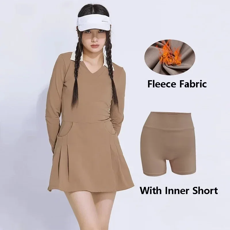 Fashion Golf Dress Women\'s Thicken Warm Fleece Polo Shirt Dresses Ladies Badminton Tennis Casual Skirt with Inner Short