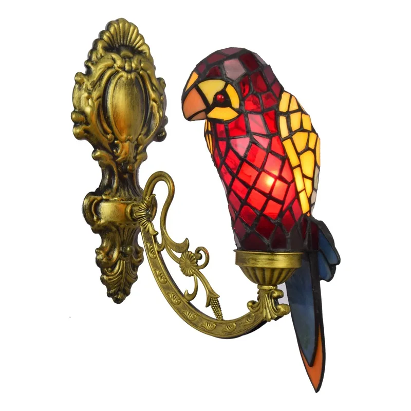 

Tiffany stained glass retro mirror headlamp pastoral bedside wall lamp aisle red parrot glazed wall lamp