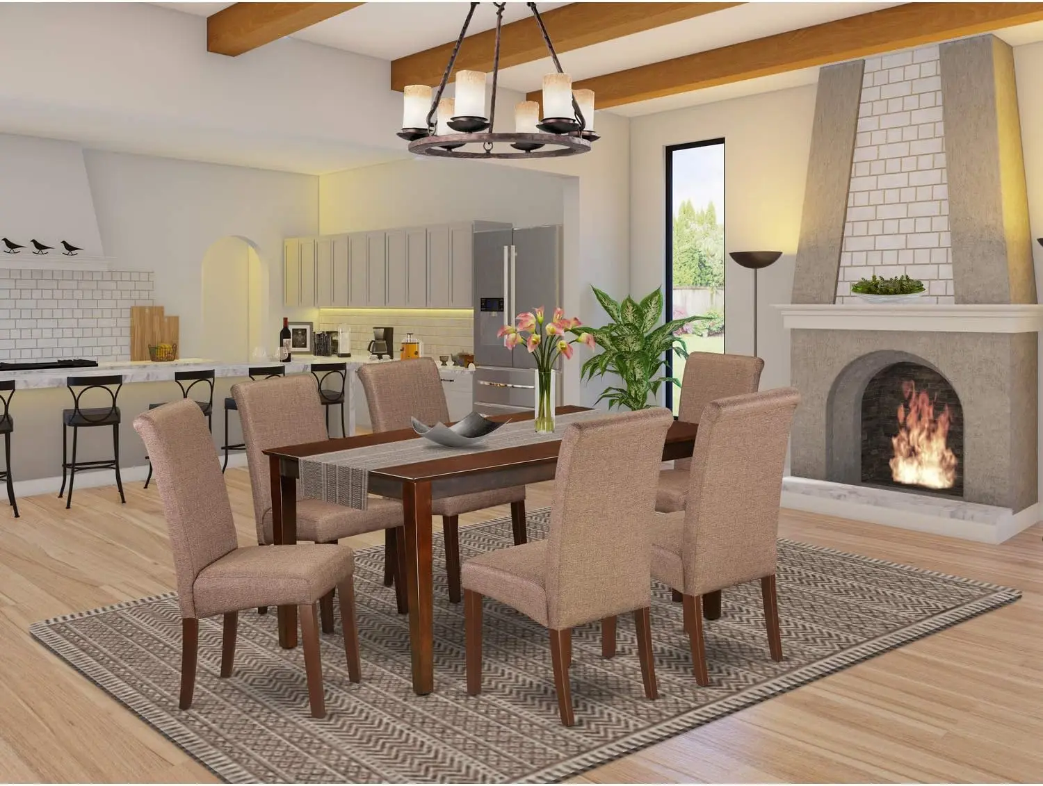 7 Piece Dining Room Table Set Consist of a Rectangle Kitchen Table and 6 Brown Linen Linen Fabric Parsons Dining Chairs