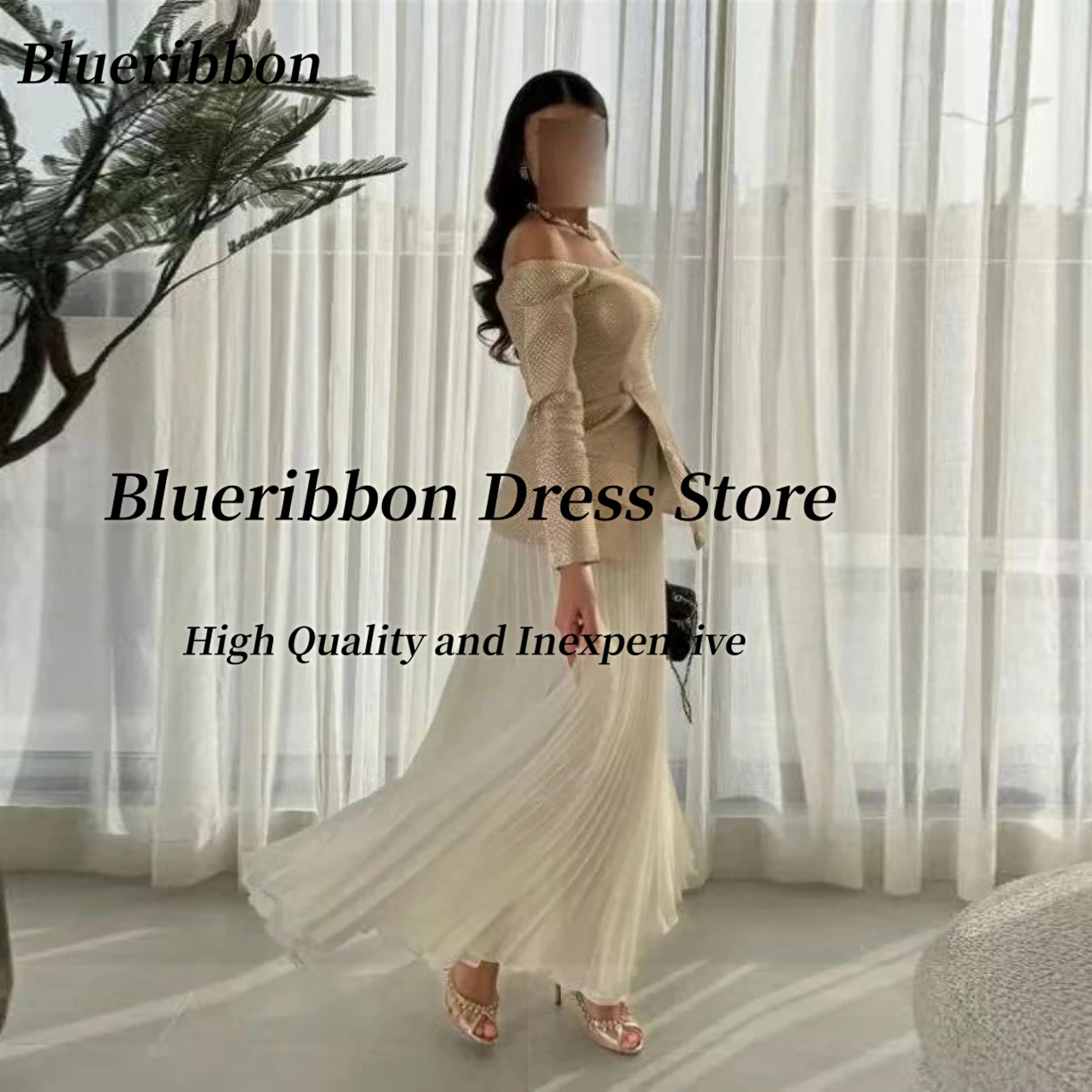 Blueribbon Customized Evening Dresses Bateau Neck Long Sleeves Prom Party Dress Pleats A Line Wedding Guest Special Banquet Wear