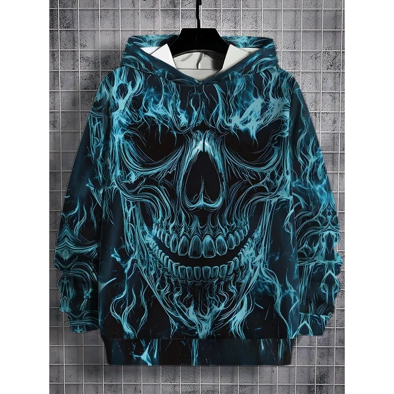 Men Black Base Neon Blue Flame Skull Full Back Print Drawstring Hoodie