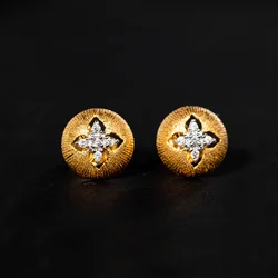 Yellow Gold Color Hollow Round Stud Earrings for Women,Fashion Cross Cubic Zircon Earring Italian Vintage Jewelry Party Gift