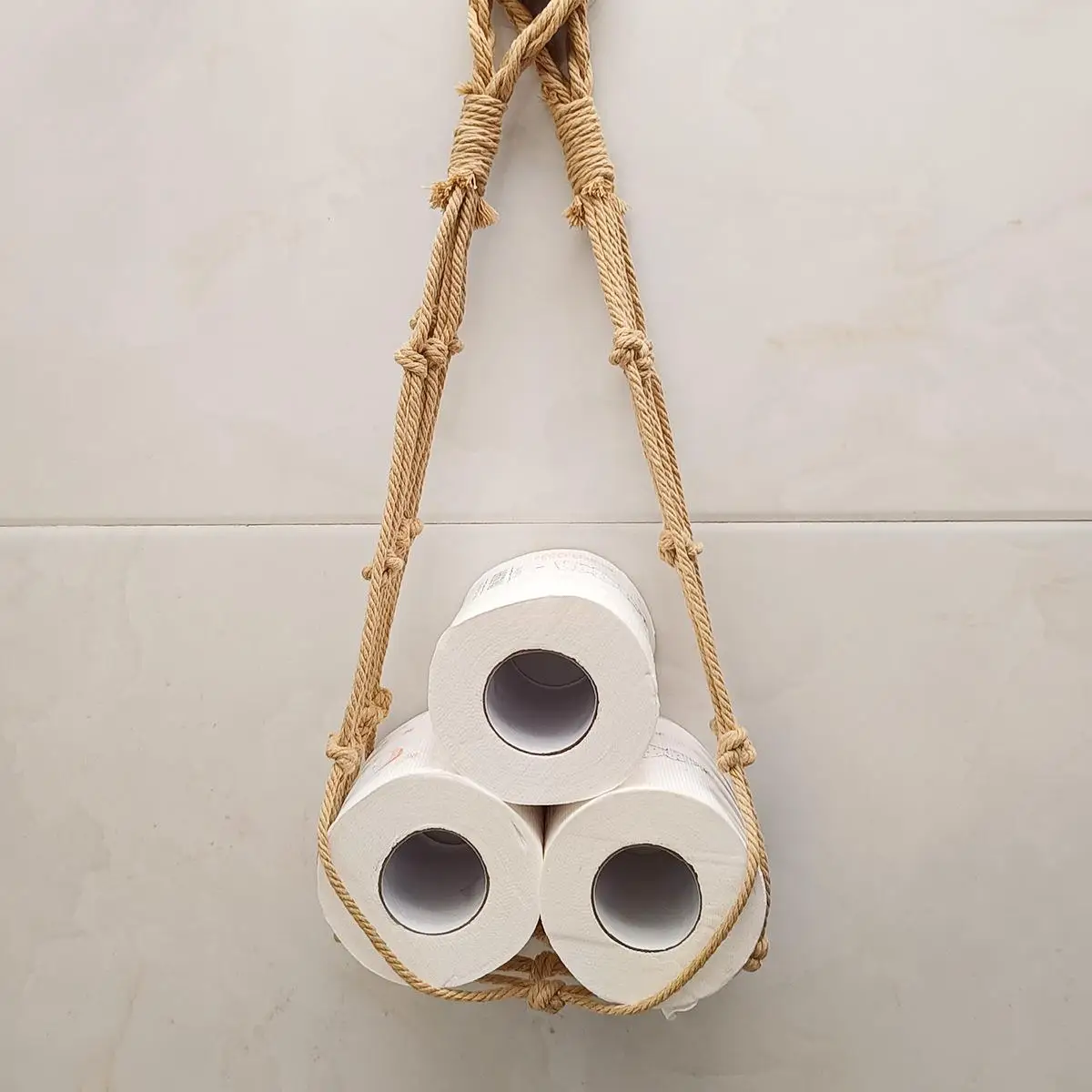 Hanging Cotton Rope Woven Toilet Paper Net Pocket, Handmade Roll Paper Storage Organizer for Bathroom