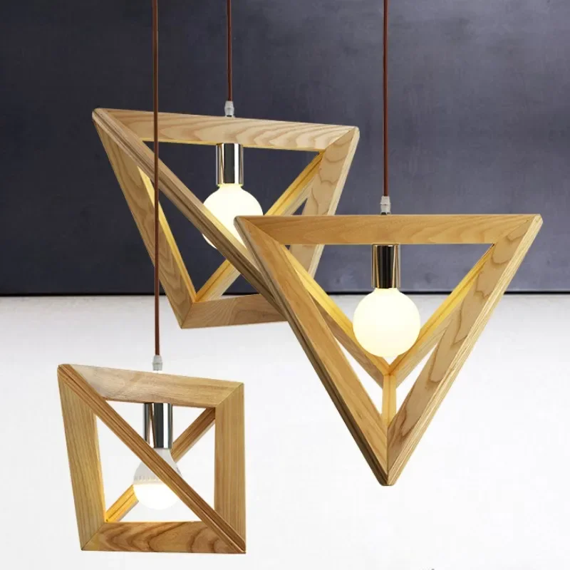 Modern Led Wooden Pendant Light Fixture Japan Simple Style Nordic Triangle 3d Indoor Lamp Home Deco Dining Room Cafe Reception