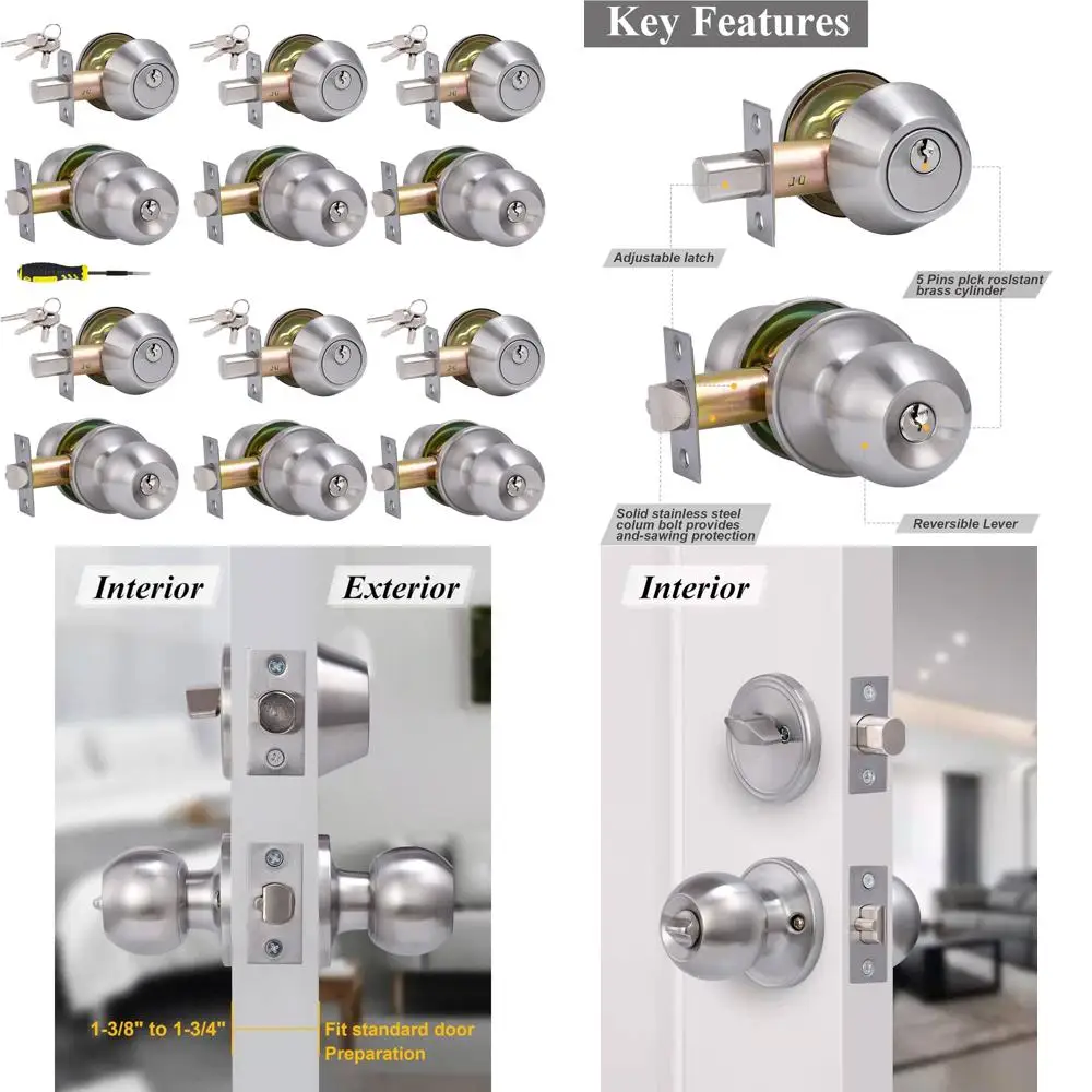 

Keyed Entry Door Knob and Single Cylinder Deadbolt Combo Set in Satin Nickel Finish for Exterior Doors with Lock and Key