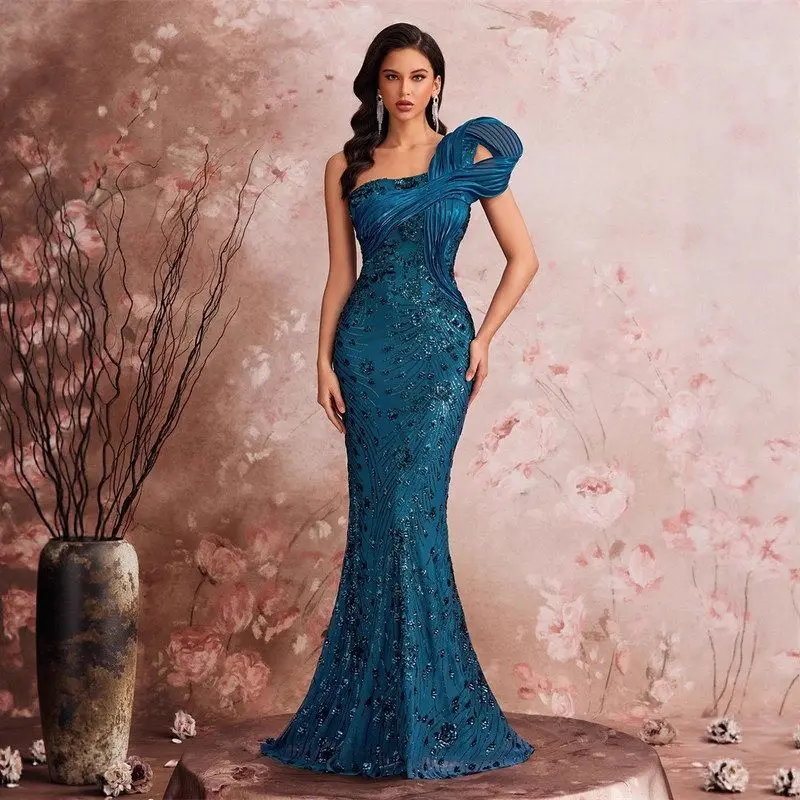 

Вечернее платье Ele с эластичными бусинами, длинное платье для танцев с русалкой на одно плечо для пар, полиэфирное волокно