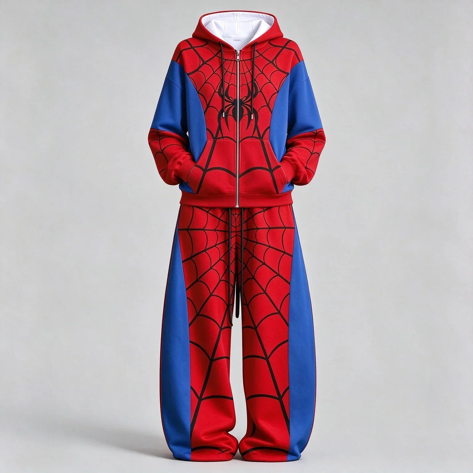 2026 New Autumn/Winter American Street Casual Wear Spider Web Zipper Hoodie and Wide Leg Pants 2-piece Set for Family and Kids