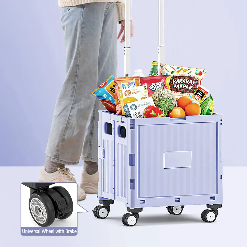 

Supermarket Camping Shopping Cart With 4 Wheels Portable Collapsible Plastic Storage Boxes Square Grocery Storage Cart With Lid