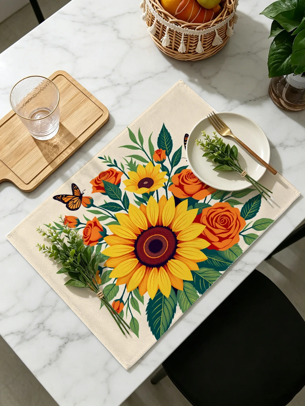 Printed Placemats for Dining Table Kitchen Holiday Parties Sunflower Rose Butterfly Floral Print