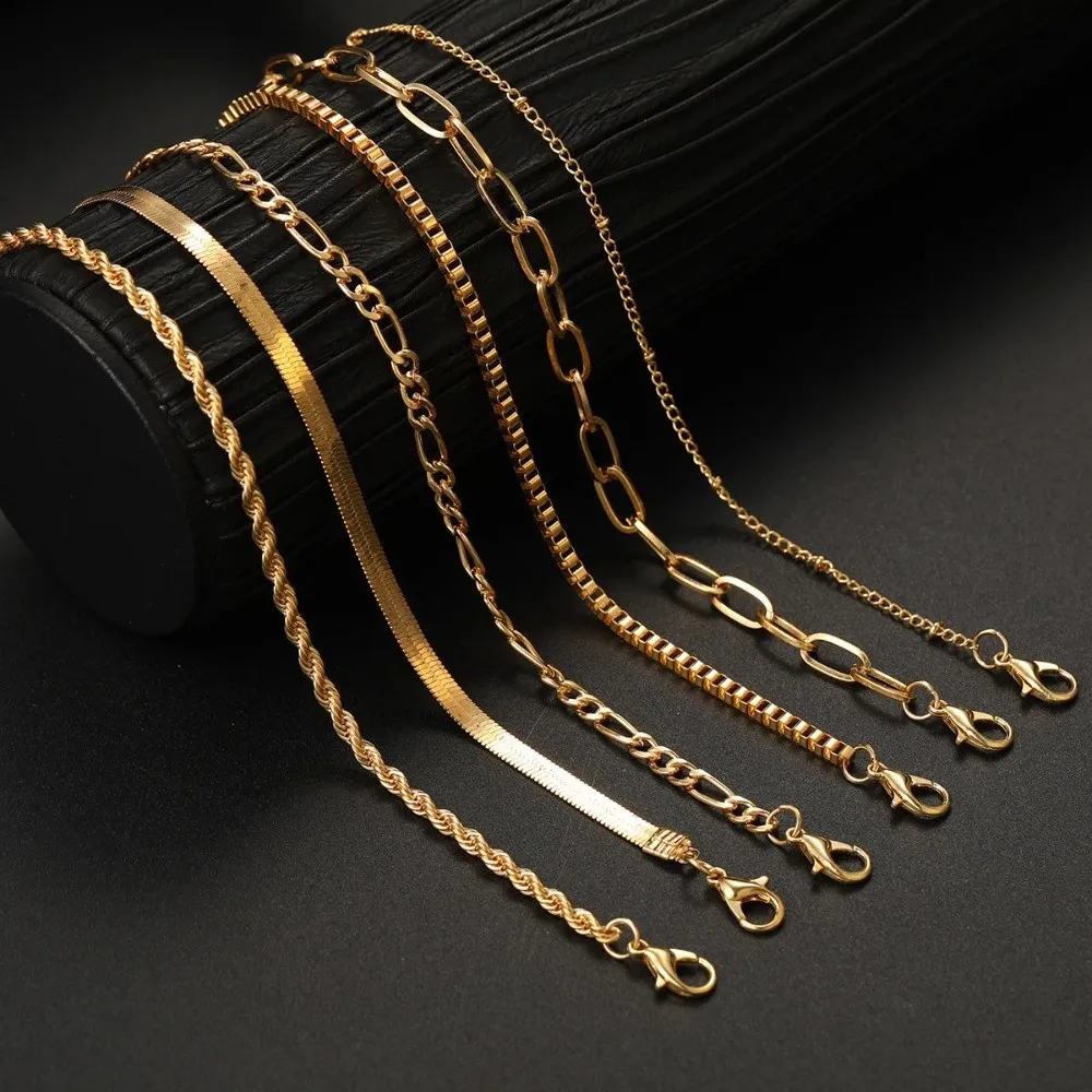 5/6Pcs New Multi-layer Cuban Chain Bracelets Bohemian Gold Color Chain Bracelet Set Stackable Metal Chain Bangles Jewelry