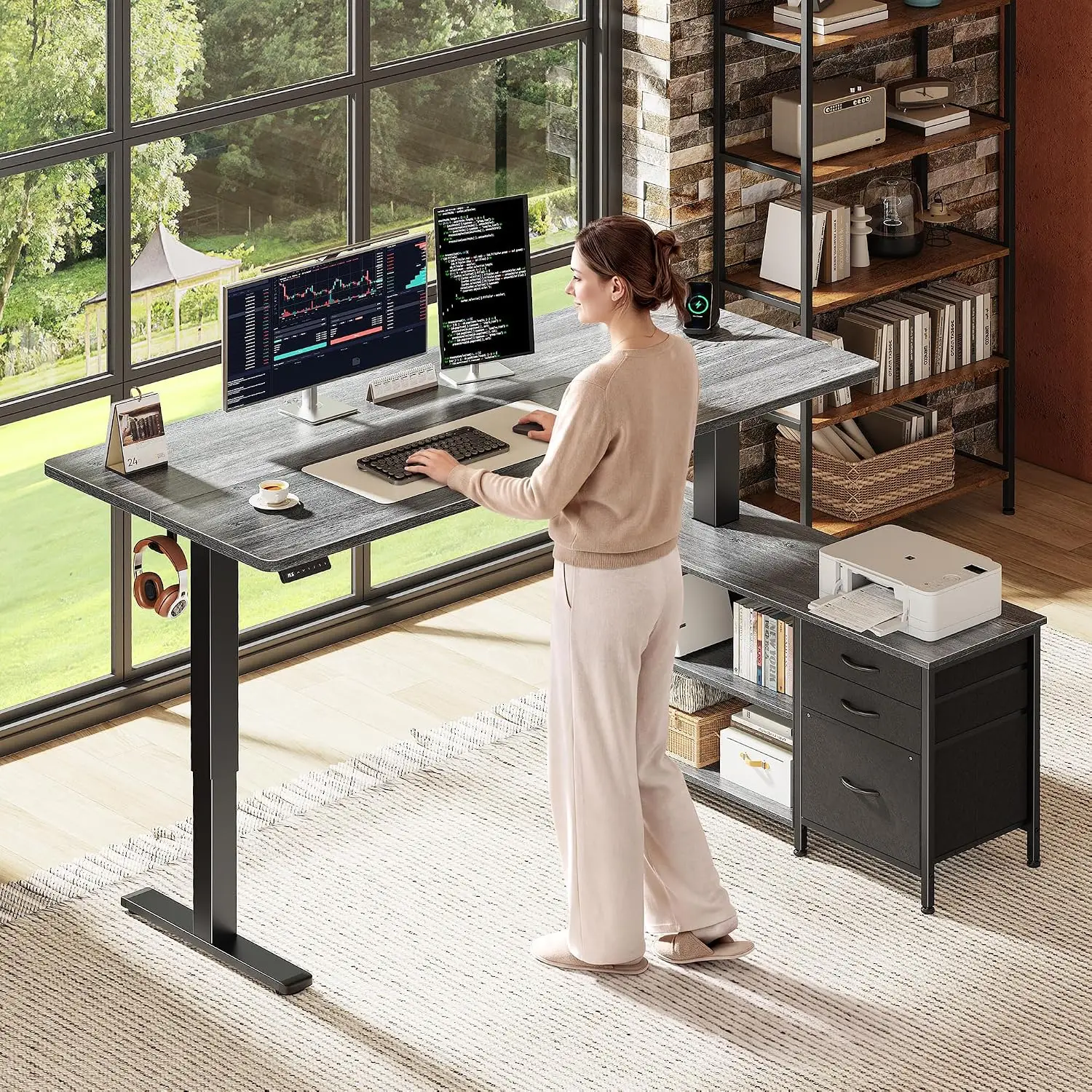 Standing Desk with Power Outlets Storage Cabinet Shelves Drawers 55.1