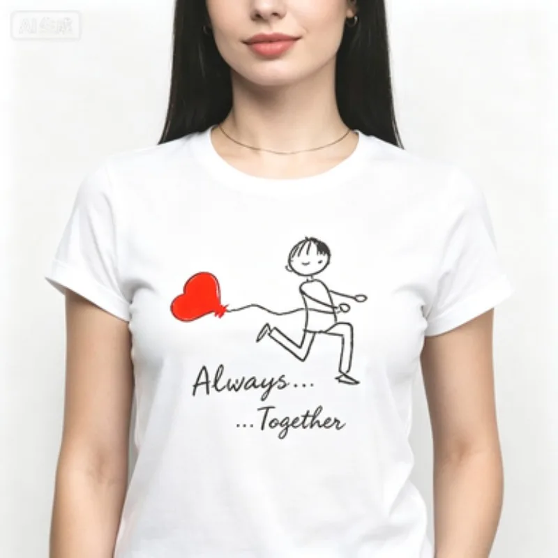 Lovers Matching Couple T‑Shirt O‑Neck Stick Man Heart Balloon Print Always Together Casual Short Sleeve Valentine Gift Tee