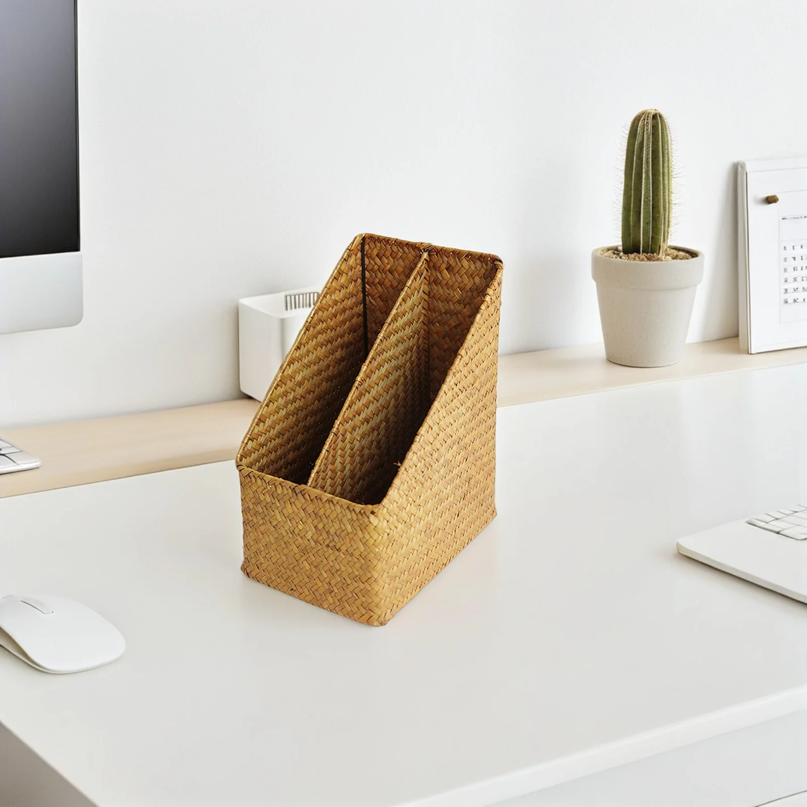 Handwoven Straw Document Organizer File Holder Sturdy Desk Storage Basket for Books Files Desktop Office Study Organizer