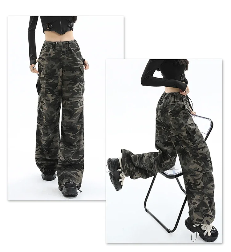IMU American Drawstring Sweatpants vintage High Street Camouflage Overalls Women Summer Loose Casual Straight Sports Wide-Leg Pa