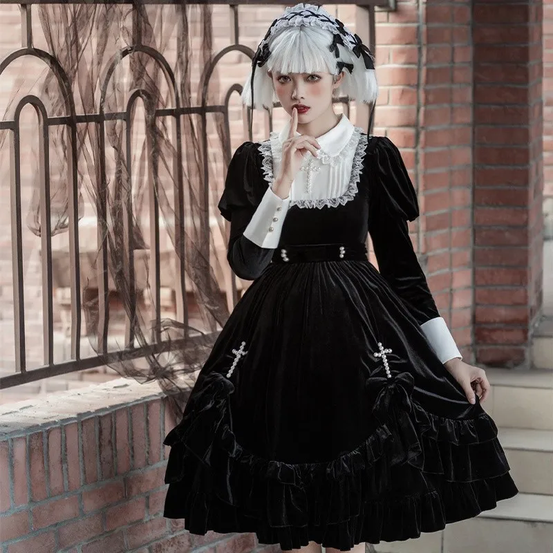 Herfst Winter Gothic Lolita Jurk Retro Lange Mouwen Fluwelen Dark Lolita Prinses Jurk Vintage Kruis Op Jurk Halloween Kostuum