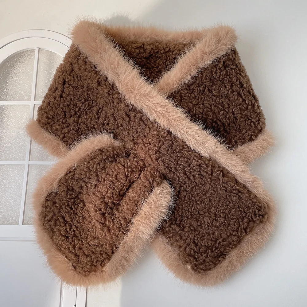 

Maillard color cute curly hair warm plush collar autumn and winter student cross scarf women's fluffy scarf