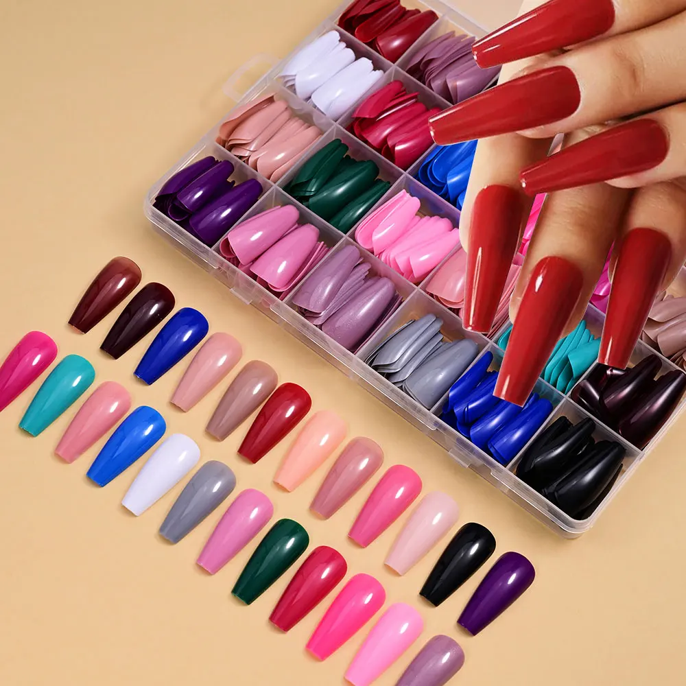 576pcs 24grids Solid Color Ballet Fasle Nails Red/Nude/Blue Full Cover Long Trapezoid Press On Nails Coffin Wearable Women Manic