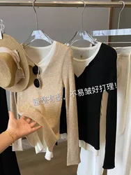 Worsted fine wool color contrast fake two knitted base women slim slim crew-neck sweater with top