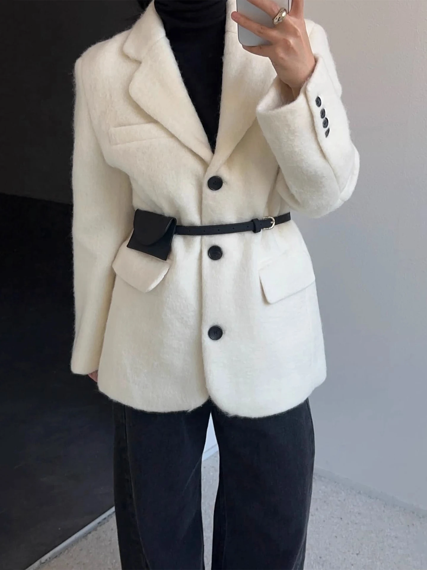 

Ele Woolen Coat Women's Mid-Length Suit Collar Soft Versatile Winter Faion Korean Sle Long Sve Regular Thin