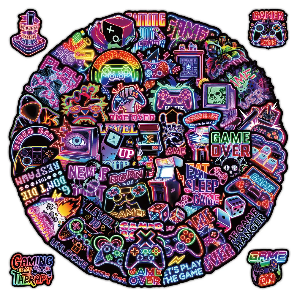 Neon Gaming Themed Sticker Pack 50 Sheets, Glow Effect Graffiti Stickers for Scrapbook, Skateboard RecordingYourLife Store