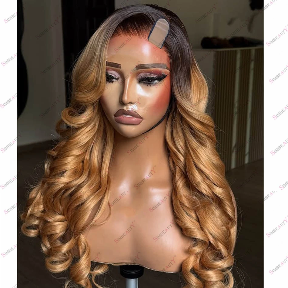 

Wavy Long Honey Blonde Human Hair Middle Part 1x4 U Part Wigs Black Roots Natural Human Hair V Part Wig for Women Glueless Remy