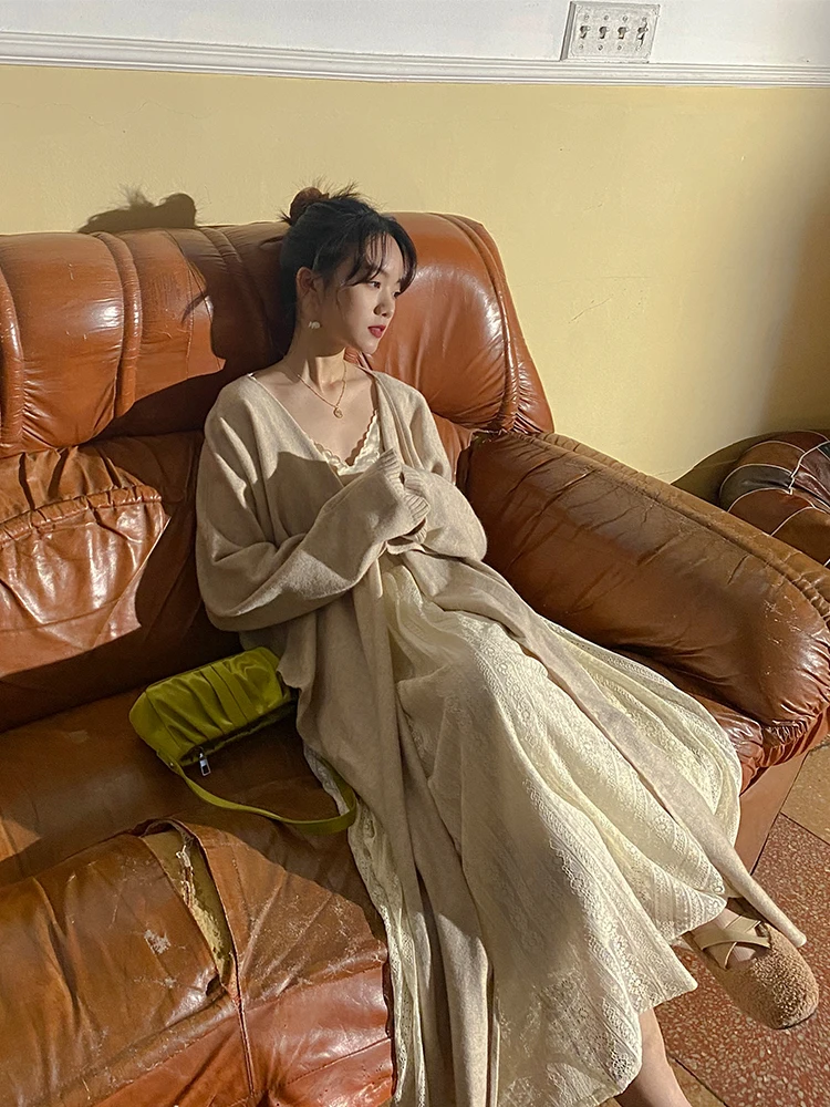 

Spring Autumn Knitted Open Cardigan Coat Light Camel Color Sve Button Design Hexagon And Clam Pattern Women's Faion