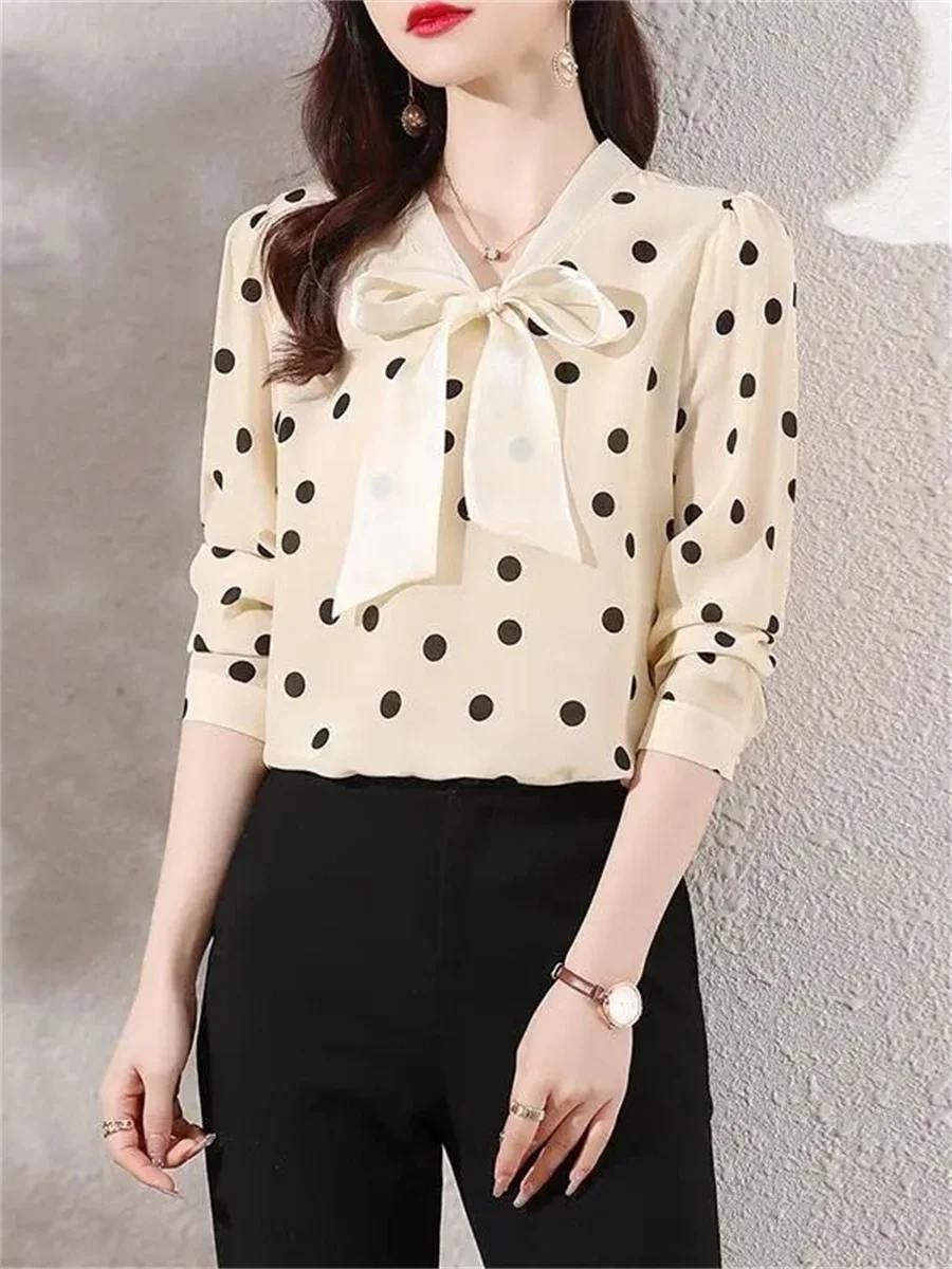 Women Spring Summer Blouses Shirts Lady Fashion Casual Long Sleeve Bow Tie Polka Dots Yellow Blusas Tops WY0279