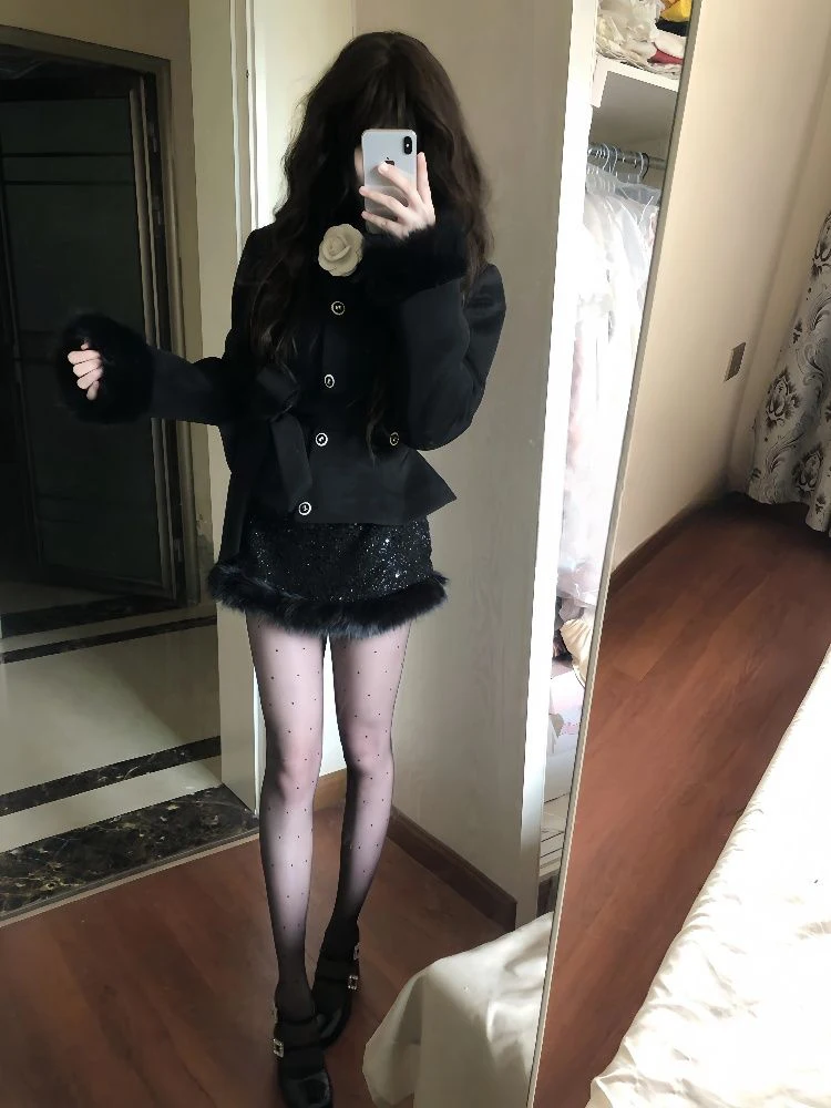 

Slimming Woolen Coat And Diamond Skirt Set Women's Faion Winter 2025 New Sle Bla High Waist irt Button up Outfit