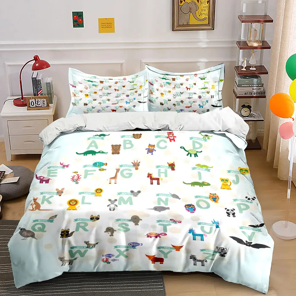 Cute animal alphabet design Print Bedding set 3PC 1 duvet cover 2 pillowcases adult and children bedding set Luxury