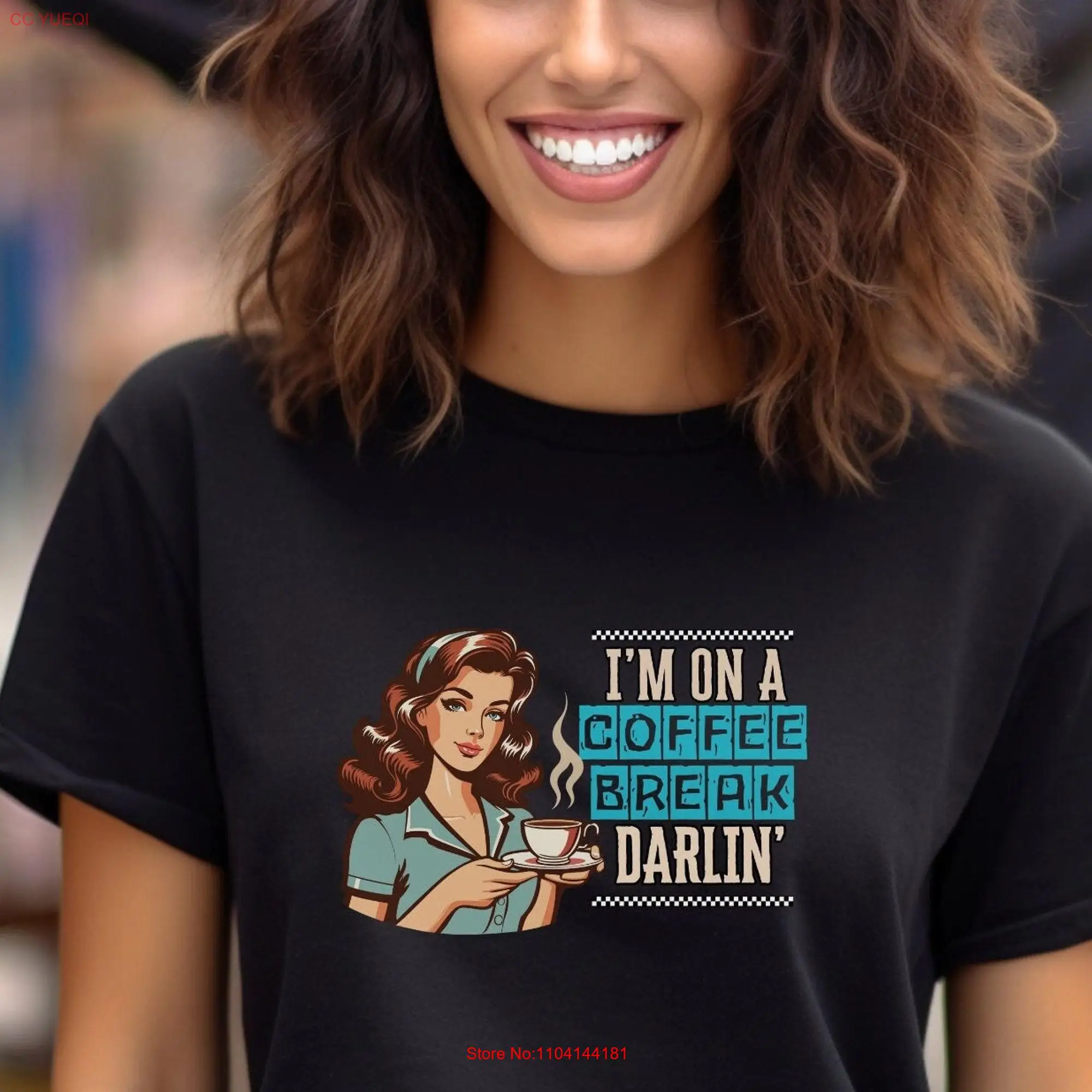 Coffee Break Retro Girl Holding Cup On A Darlin Mothers Day Mom Drinker Jersey  T Shirt long or short sleeves