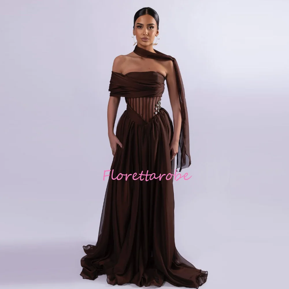 

One the Shoulder Chiffon Formal Evening Gown Brown Pleated Beading Luxury Beading Prom Dresses Customized Party Gowns