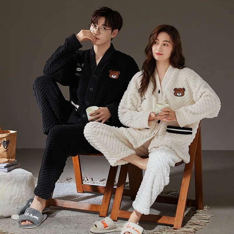 Korean Winter Warm Nightwear For Couples Women and Men Matching Homewear Coral Fleece Pajamas Set Hombre pijamas para parejas